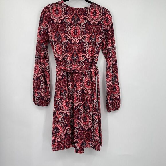 Maeve By Anthropologie Womens Red Paisley V Neck Wrap Midi Belted Dress Medium - Picture 3 of 9
